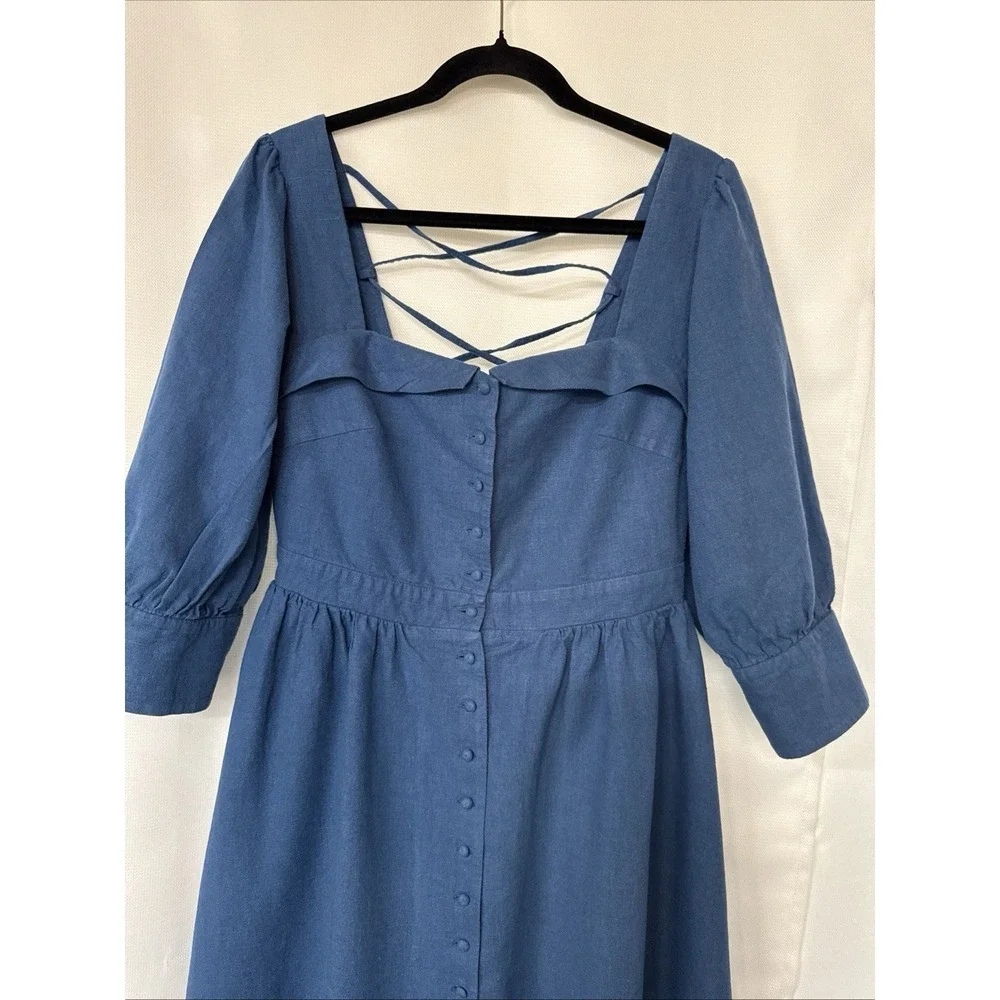Gaala Paris Esther Midi Button Down Dress Sz 42 Blue Linen Cotton Blend Pockets